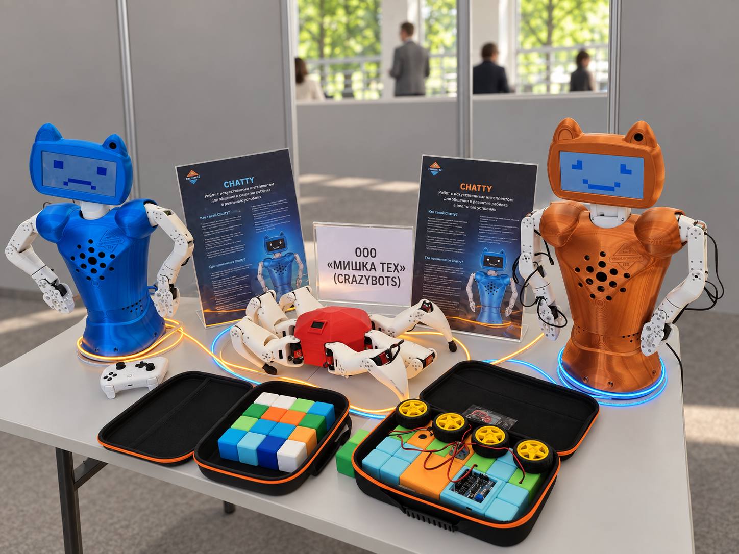 Синий и оранжевый Chatty, HexaRun и наборы PXLBots на выставочном столе