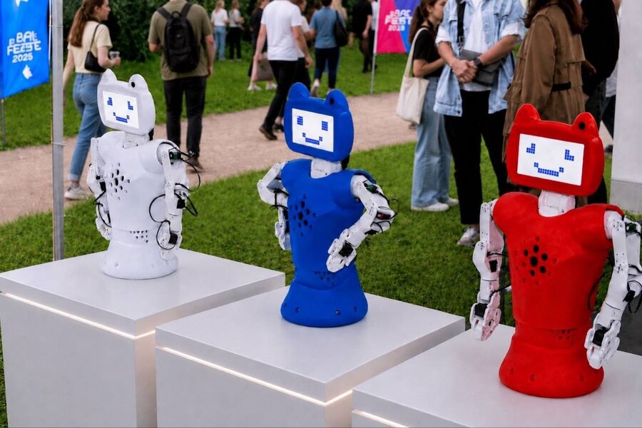 Три робота Chatty — белый, синий и красный — на подиумах уличного фестиваля, за ними гости