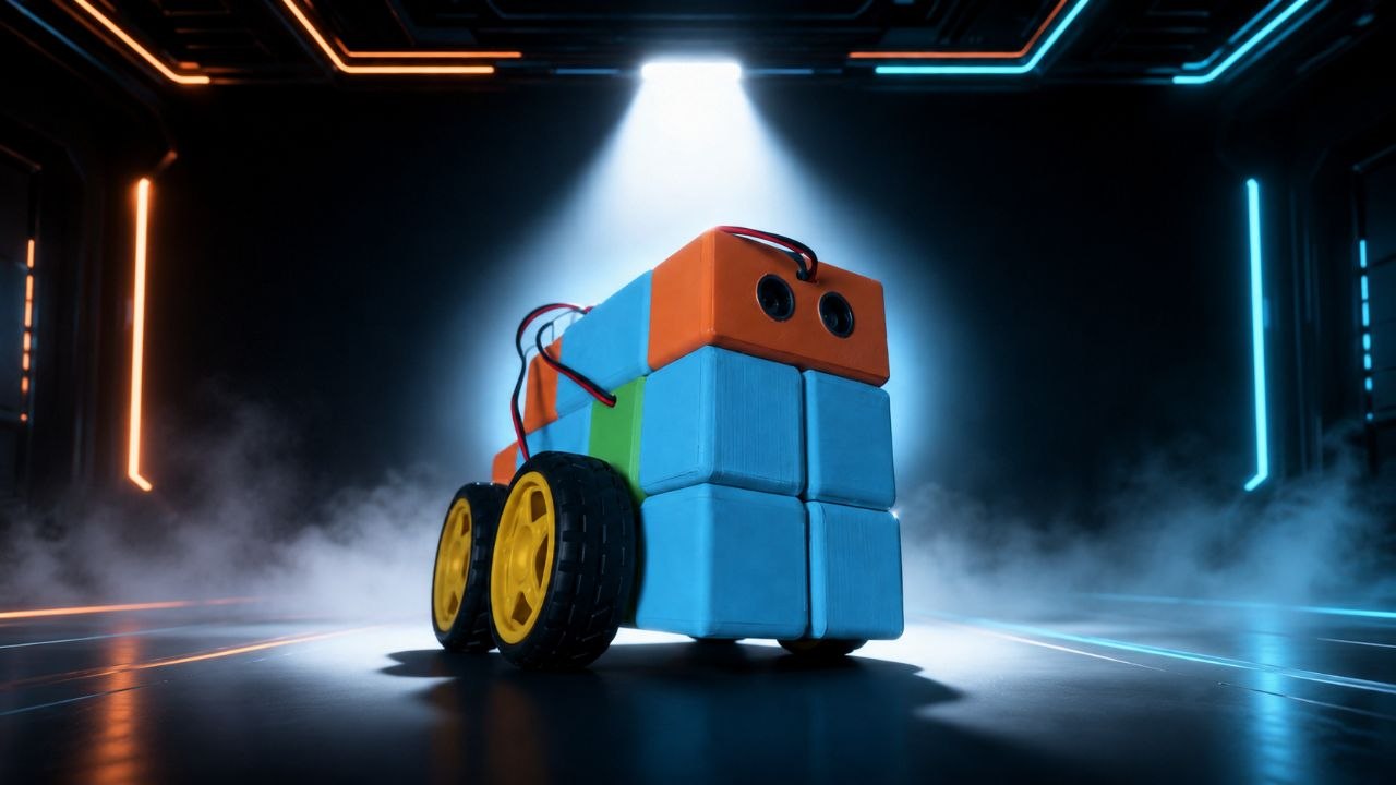Машинка PXLBots из цветных магнитных блоков с датчиком-глазами и жёлтыми колёсами в неоновом свете